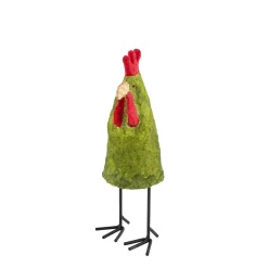 Deko Hahn auf Metallfüße, grüner schlanker Hahn aus Pappmache, 25cm