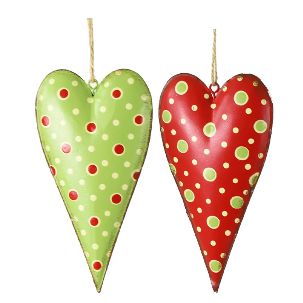 Deko Herz, Metallherz mit Punkte, rot und grün, 14cm, Hänger, Set/2