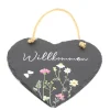 Deko Herz Willkommen, Schieferherz mit Blumen und Schmetterling, 20x20cm