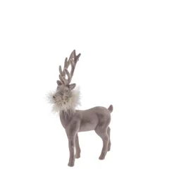 Deko Hirsch mit Federboa, grauer Hirsch, samtig beflockt, 19cm