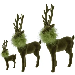 Deko Hirsch mit Federboa, großer olivgrüner Hirsch, samtig beflockt, 45cm