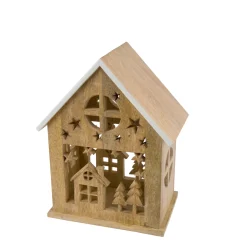 Deko Holzhaus Winter, massives Holzhaus mit Winter-Ausschnitt, Relief-Arbeit, weiß lackierte Dachkante, 35cm