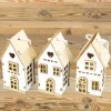 Deko Häuschen Landhaus, 3er Set Holzhäuser, weiß-natur, 12x8cm, zum Stellen oder Hängen