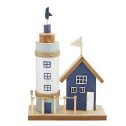 Deko Leuchtturm mit Haus, Holzleuchtturm und Holzhaus Aufsteller, 18x26cm, DIJK Natural Collections