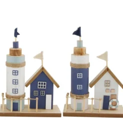 Deko Leuchtturm mit Haus, Holzleuchtturm und Holzhaus Aufsteller, 18x26cm, DIJK Natural Collections
