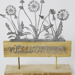 Dekoobjekt Blumenkasten Willkommen shabby chic, filigrane Zinkblumen auf  Holzständer, 32x28cm