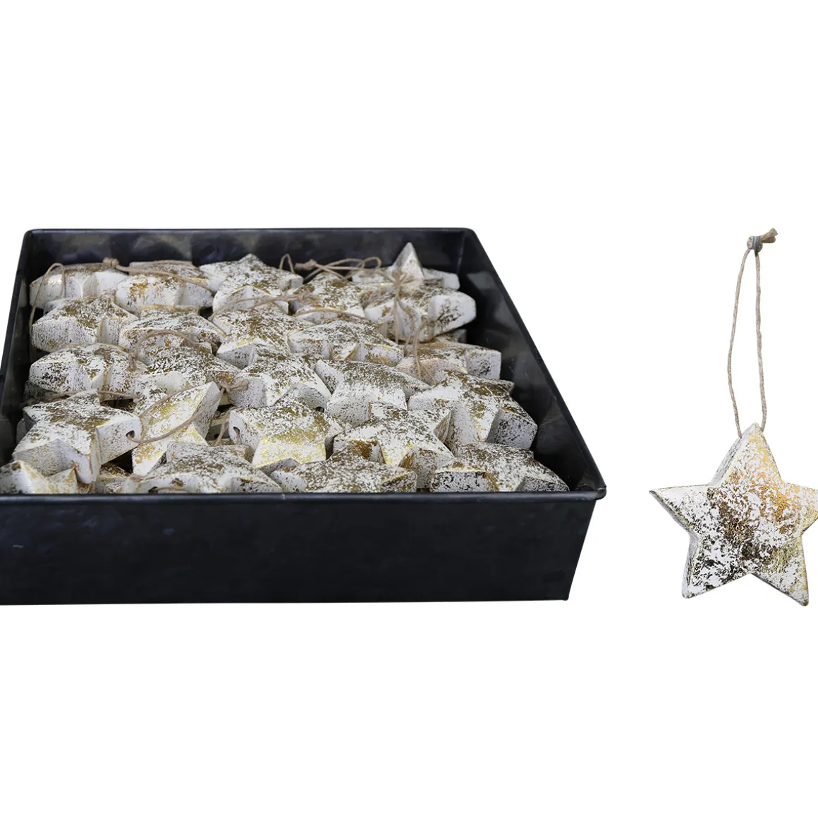 Deko Stern Antiklook, dicker weißer Holzstern mit goldene Akzenten, 5x5cm, Hänger