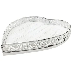 Deko Tablett Herz weiß, Metallschale mit Muster - used look, 25x28x4cm