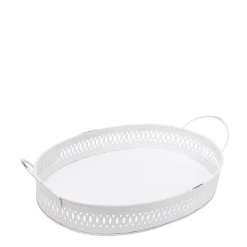 Deko Tablett weiß durchbrochen, Metalltablett mit Henkel - used look, 33x19x8cm