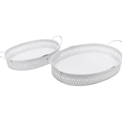 Deko Tablett weiß durchbrochen, Metalltablett mit Henkel - used look, 33x19x8cm