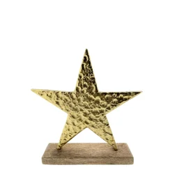 Deko Weihnachtsstern gold beschlagen, Metallstern mit deutlichem Relief auf Holzsockel, 18x19cm, Aufsteller
