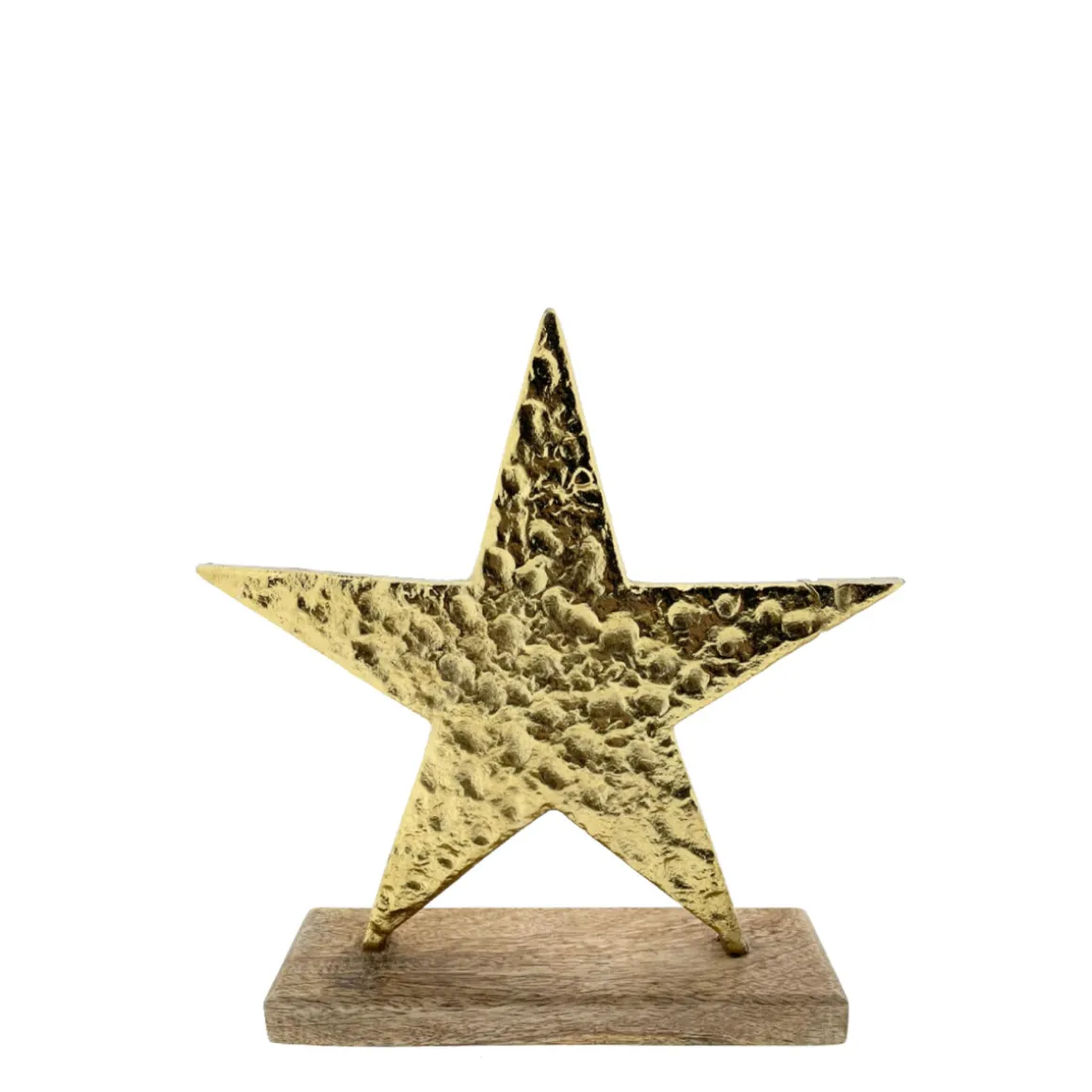 Deko Weihnachtsstern gold beschlagen, Metallstern mit deutlichem Relief auf Holzsockel, 18x19cm, Aufsteller