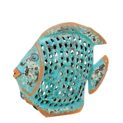 Deko Windlicht Fisch blau used look, Metallfisch mit kleinem Türchen, 31x24cm