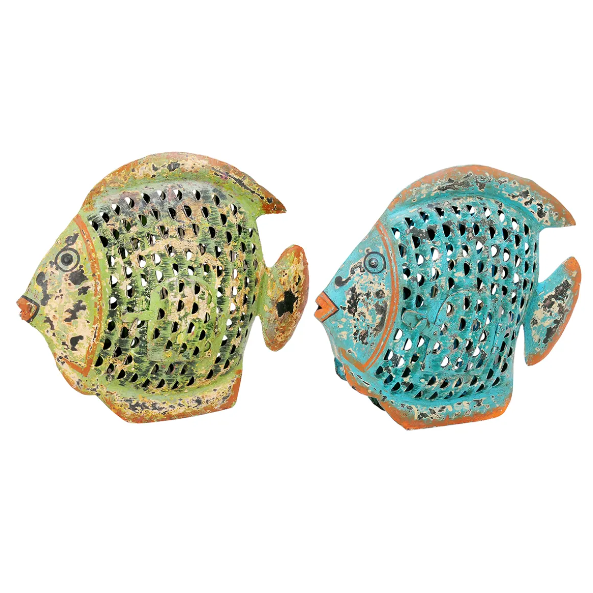 Deko Windlicht Fisch blau used look, Metallfisch mit kleinem Türchen, 31x24cm