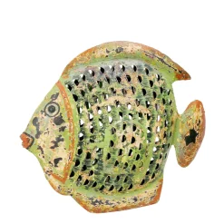 Deko Windlicht Fisch grün used look, Metallfisch mit kleinem Türchen, 31x24cm