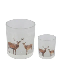 Deko Windlicht Hirsch und Reh im Schnee, Glaswindlicht Winter, 9cm