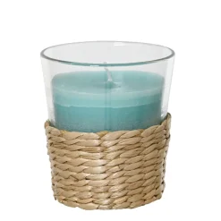 Duftkerze Citronella im Glas, Duftkerze türkis im Bastkorb, outdoor, 7x7cm