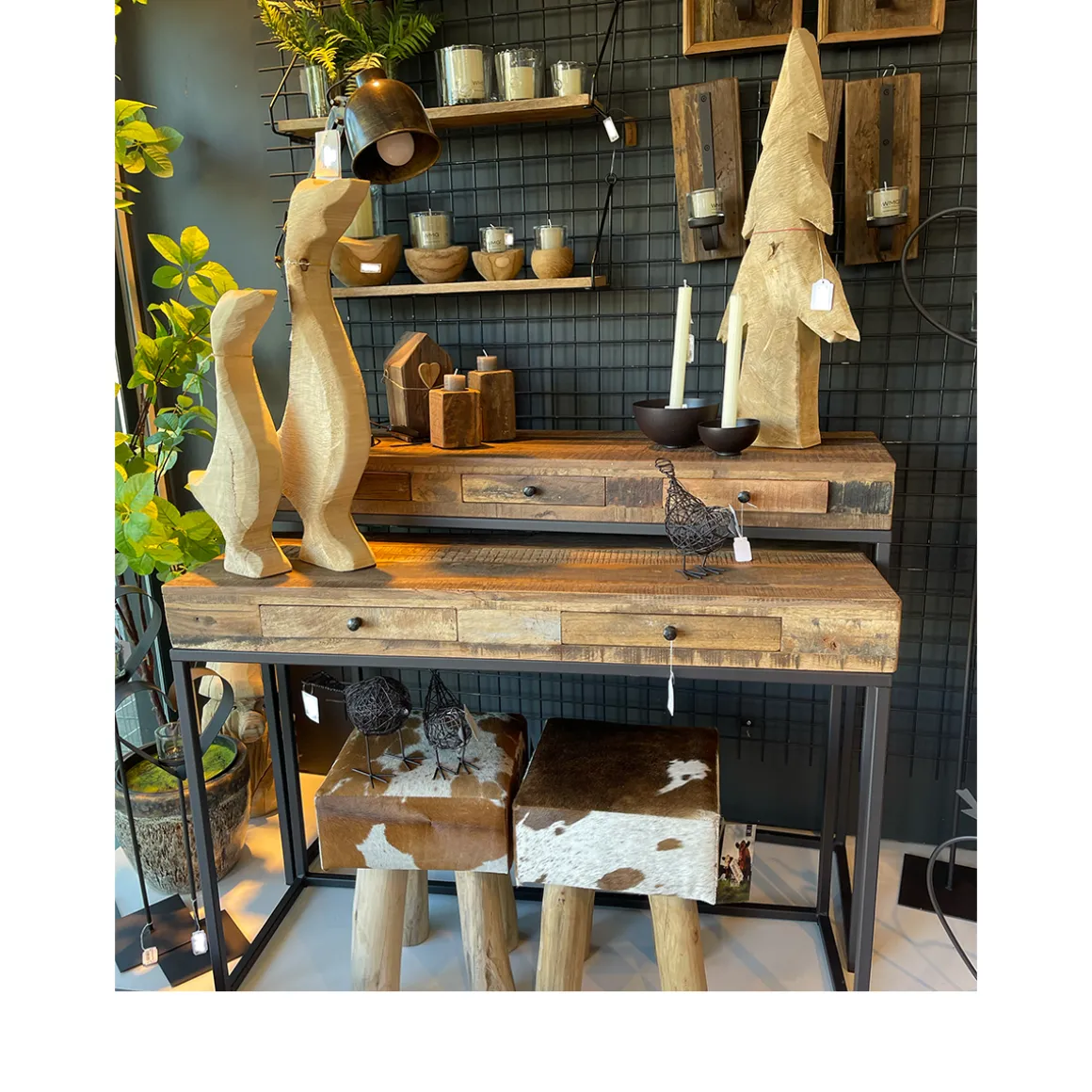 Eisen-Naturholz Konsole Victoria, rustikale Altholz Konsole mit 2 Schubladen auf Eisengestell, 75x11