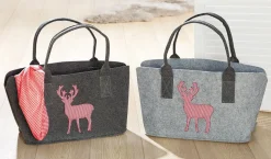 Filztasche Hirsch, Shopper Rotwild, rot/weiß karierter Hirsch, dunkles grau, 26x40cm, Gilde