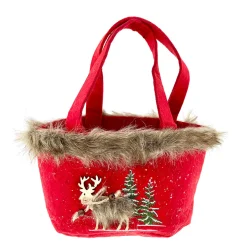 Filztasche mit Henkel, Hirsch und Tannenbäume, mit Fellrand und Holzhirsch, gestickte Tannenbäume