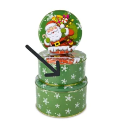 Gebäckdose Weihnachtsmann im Schornstein, Keksdose rund aus Metall grün, 16x8cm