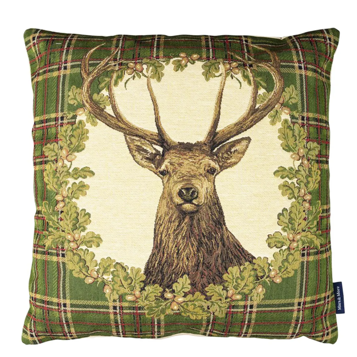 Gobelin Kissen Hirsch, Hirsch Tartan im Kranz, grün kariert, 45x45cm, Mars & More