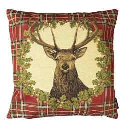 Gobelin Kissen Hirsch, Hirsch Tartan im Kranz, rot kariert, 45x45cm, Mars & More