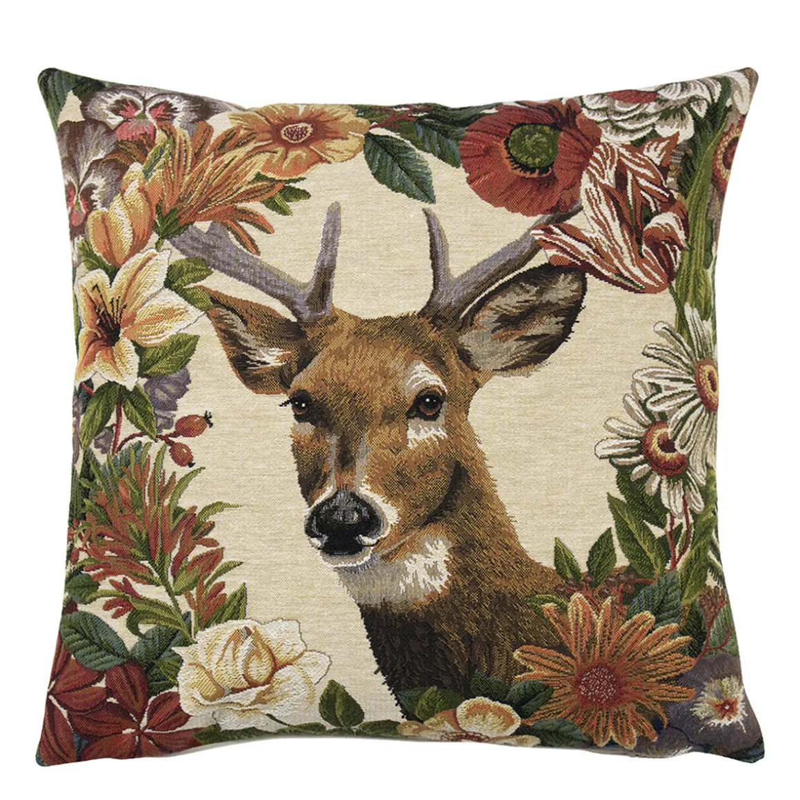 Gobelin Kissen Hirsch Stürmer, Rotwild Hirsch mit Blumen, 45x45cm, Mars & More