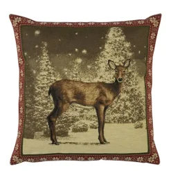 Gobelin Kissen Hirsch, Winterhirsch, roter Rand, 45x45cm, Mars & More