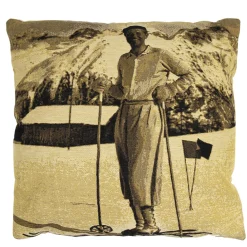 Gobelin Kissen Skifahrer Nostalgie, Mann auf Ski, Sepia, 45x45cm, Mars & More
