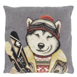 Gobelin Kissen Skifreunde  Hund Husky, Husky in Skikleidung und Ski, 45x45cm, Mars & More
