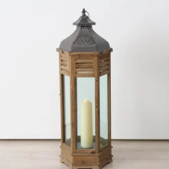 Holz Laterne Hector, lange schmale Holzlaterne mit Schublade und Metalldach, 115x40cm, Boltze Home C