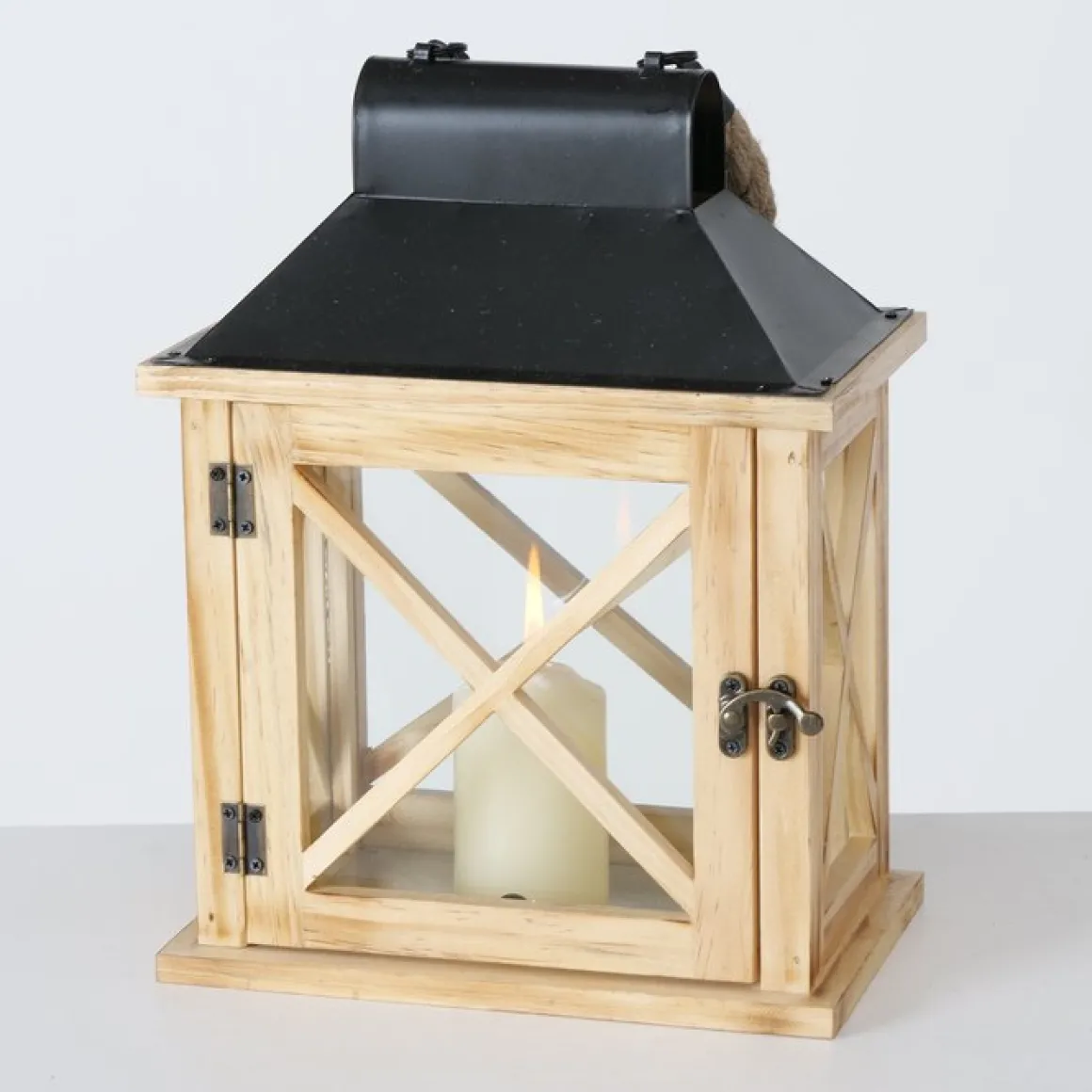 Holz Laterne Moritz mit Metalldach und Juteseil, 31x22cm, Boltze