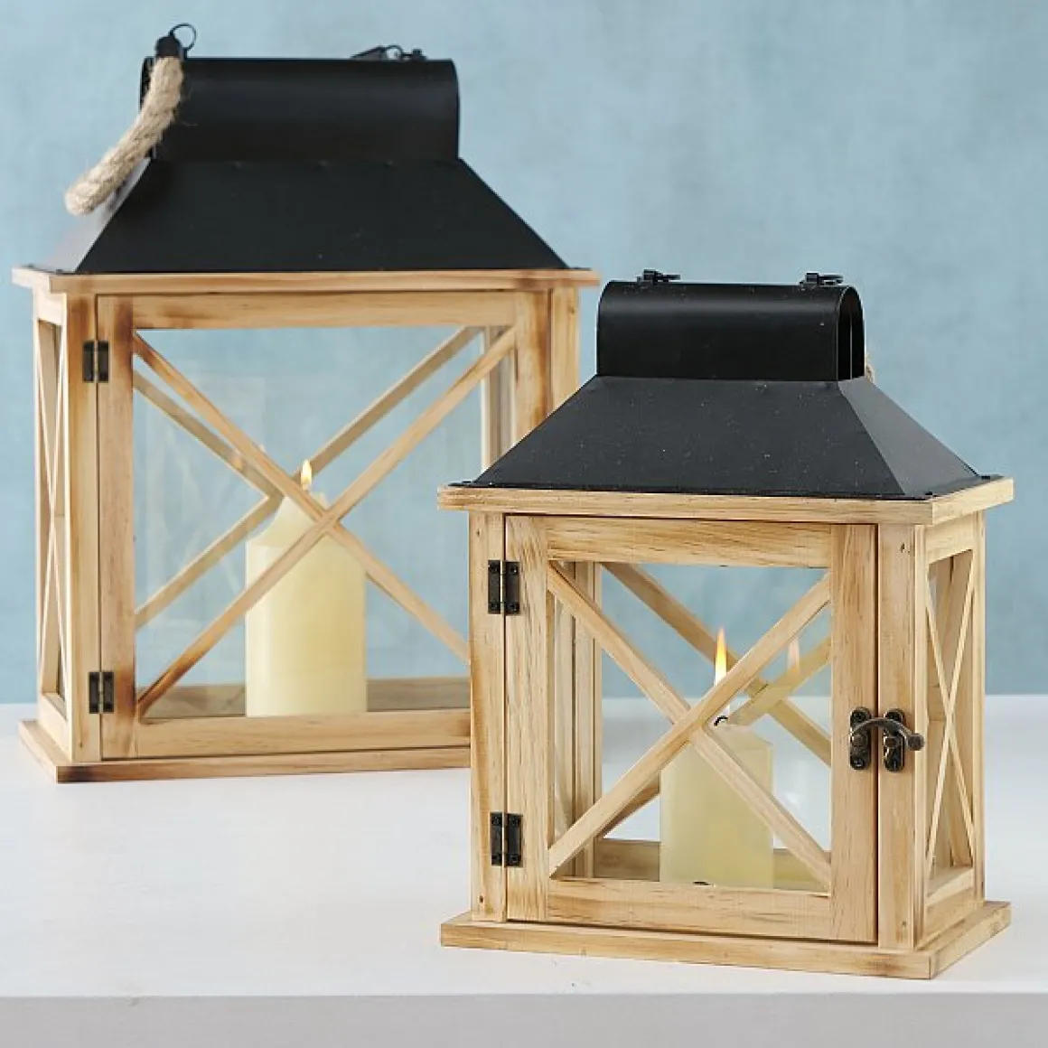 Holz Laterne Moritz mit Metalldach und Juteseil, 31x22cm, Boltze