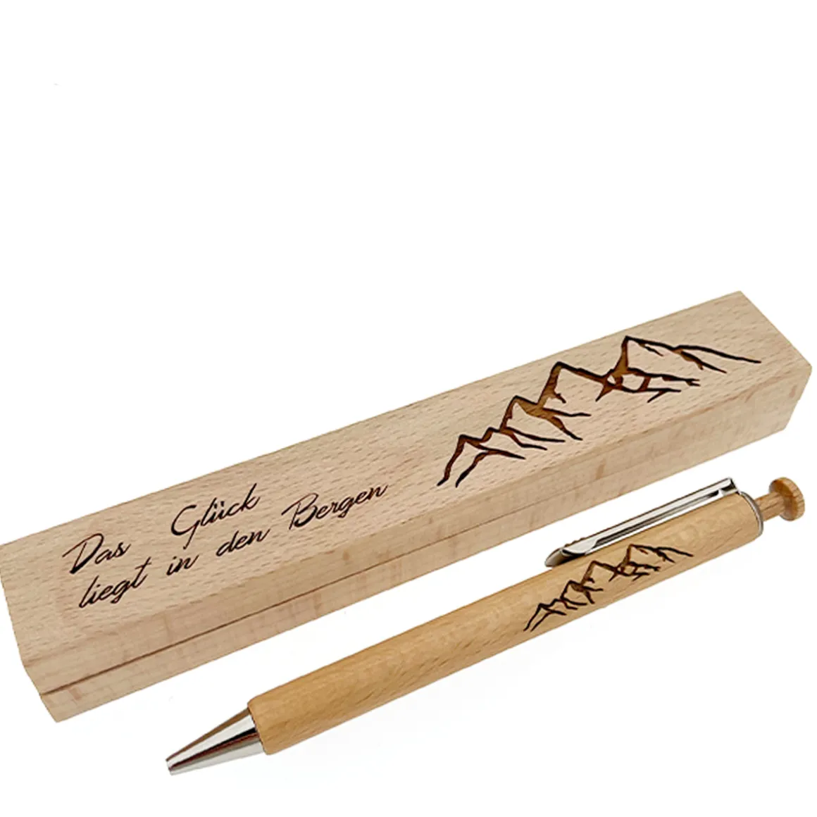 Holzkugelschreiber mit passendem Holzetui und Berge Gravur, 17x3cm, Point/Set