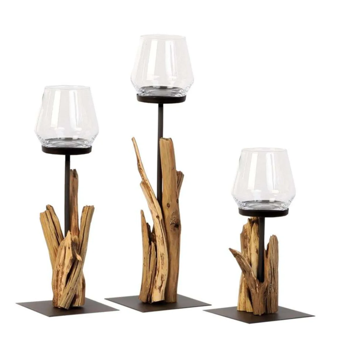 Holz Windlicht Raisa Naturholz, rustikales Eisenwindlicht mit Schwemmholz, 40cm, WMG Grünberger