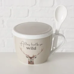 Jumbobecher Hirsch, Porzellanbecher mit Henkel, Deckel und Löffel, Alles halb so wild, Boltze Home Collections