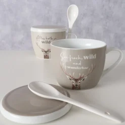Jumbobecher Hirsch, Porzellanbecher mit Henkel, Deckel und Löffel, Sei frech...Boltze Home Collections