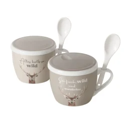 Jumbobecher Hirsch, Porzellanbecher mit Henkel, Deckel und Löffel, Sei frech...Boltze Home Collections