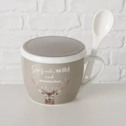 Jumbobecher Hirsch, Porzellanbecher mit Henkel, Deckel und Löffel, Sei frech...Boltze Home Collections
