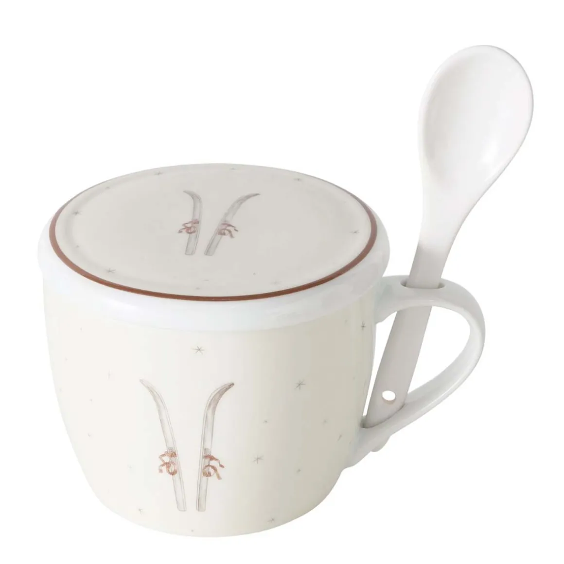 Jumbobecher Mountains Ski, Henkelbecher mit Löffel und Deckel, 600ml, Boltze Home Collections