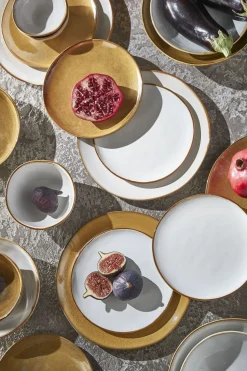 Keramik Speiseteller, Tabo, handgefertigt, weiß, Rand braun, 26,5cm, Mica Decorations