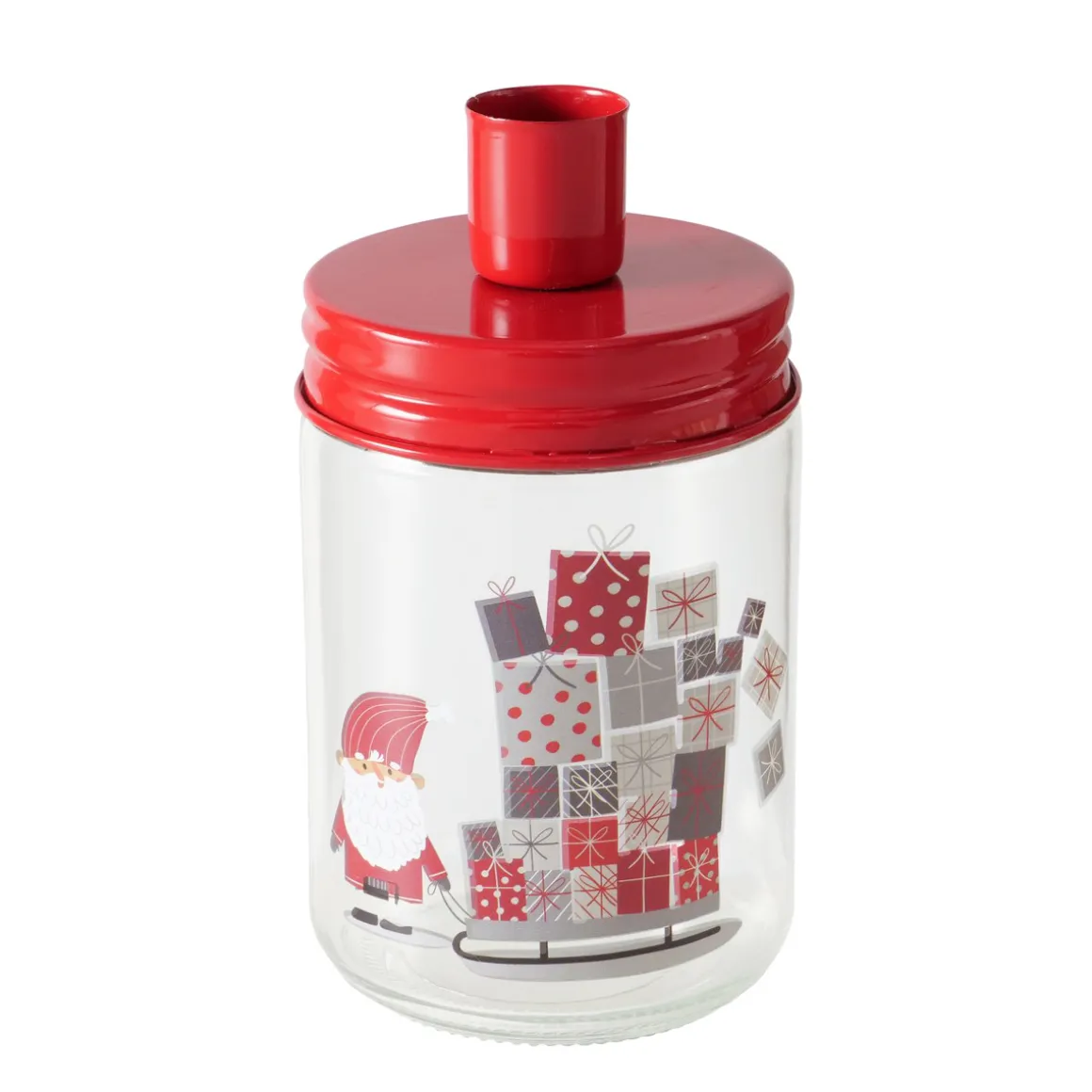 Kerzenglas Weihnachtsmann, Kerzenhalter rot, mit Schlitten und Geschenke, Boltze Home Collections