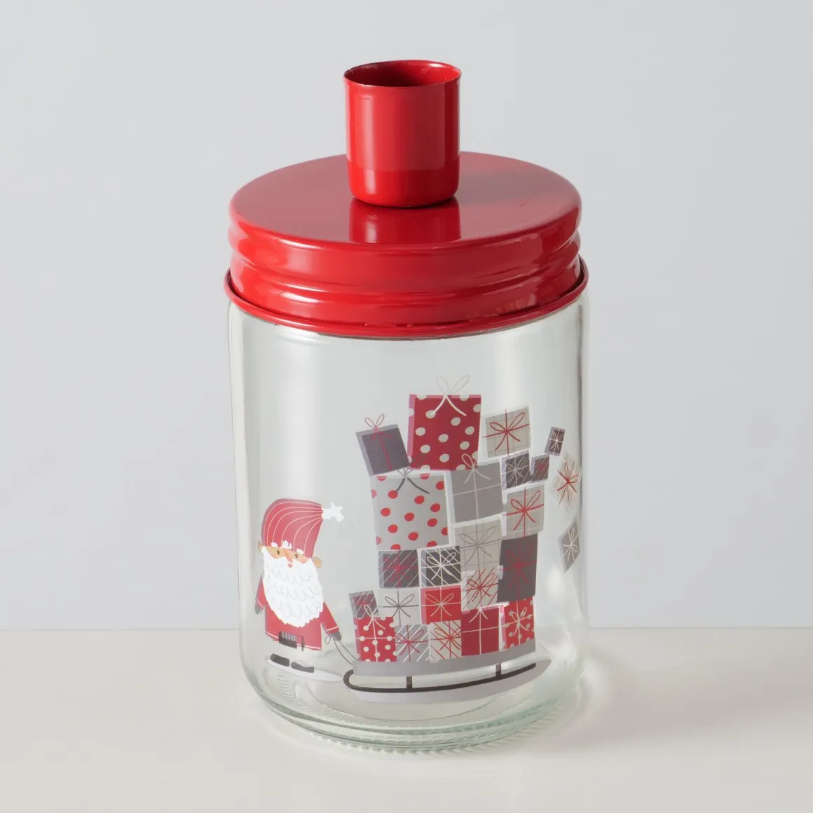 Kerzenglas Weihnachtsmann, Kerzenhalter rot, mit Schlitten und Geschenke, Boltze Home Collections