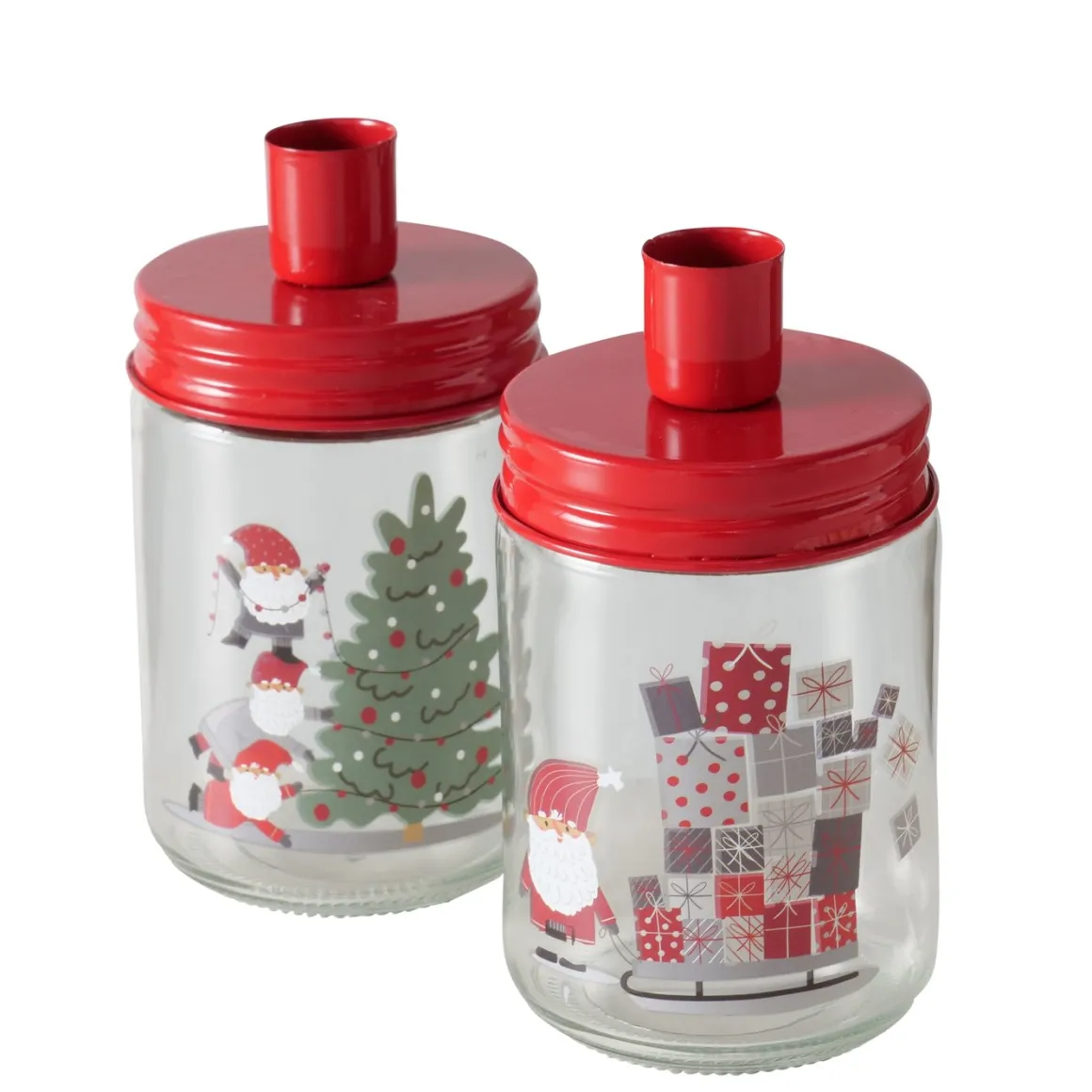 Kerzenglas Weihnachtsmann, Kerzenhalter rot, mit Schlitten und Geschenke, Boltze Home Collections