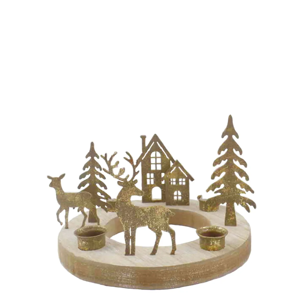 Kerzenhalter Holzring Hirsch, Adventskranz Hirsche mit Häuser und Tannenbäume, antikgold, Ø19cm