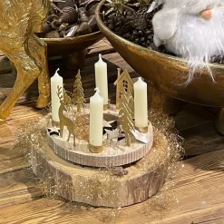 Kerzenhalter Holzring Hirsch, Adventskranz Hirsche mit Häuser und Tannenbäume, antikgold, Ø19cm