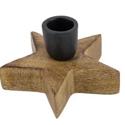 Kerzenhalter Stern, Holz-Metall-Kerzenhalter für Stabkerzen in Sternform, natur-schwarz