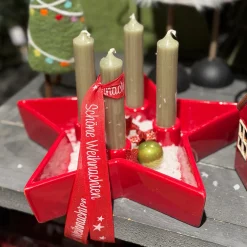 Kerzenhalter Stern, Kerzenschale rot für 4 Stabkerzen 27x25cm, Steingut