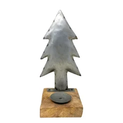 Kerzenhalter Tannenbaum used look, rustkaler Kerzenständer Metallbaum auf Holzklotz